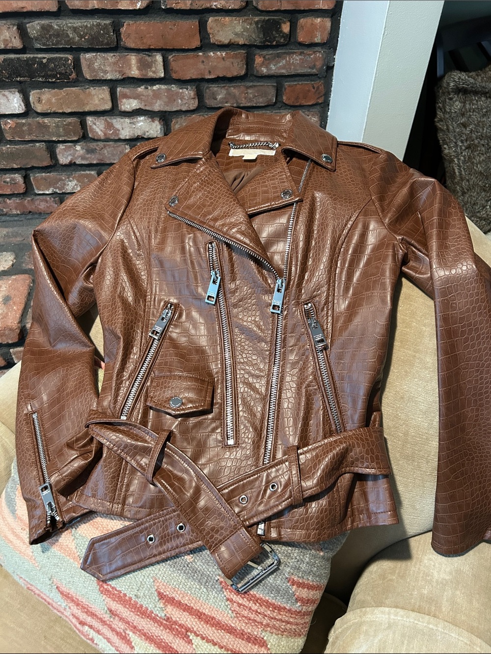 Michael Kors Croc-Embossed Chestnut Brown Moto Jacket